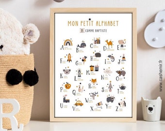 Affiche Alphabet Abécédaire personnalisable prénom | Chambre fille garçon | Illustration chambre enfant bébé | Cadeau naissance personnalisé