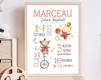 Affiche de naissance personnalisée | Cadeau de naissance garçon enfant | Décoration chambre bébé | Poster personnalisable Animaux Cirque