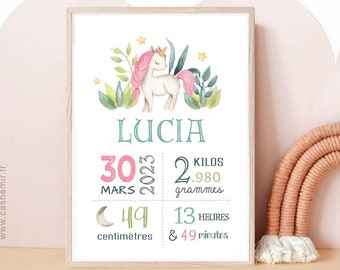 Affiche chambre bébé | Cadeau de naissance personnalisé fille Licorne | Décoration murale chambre enfant | Affiche de naissance Licorne