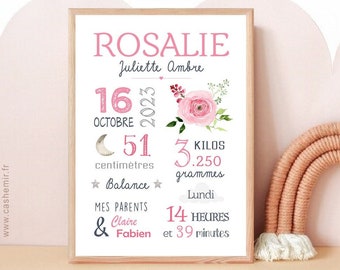 Cadeau de naissance personnalisé fille garçon | Décoration chambre bébé | Affiche de naissance personnalisable | Fleur, Animaux, Arc-en-ciel