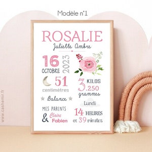 Cadeau de naissance personnalisé fille garçon | Décoration chambre bébé | Affiche de naissance personnalisable | Fleur, Animaux, Arc-en-ciel