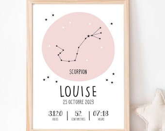 Illustration chambre bébé | Cadeau naissance personnalisé | Affiche de naissance personnalisable | Signe Astrologique Constellation