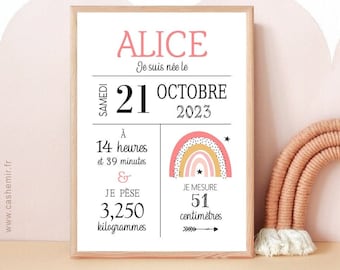 Cadeau de naissance personnalisé arc-en-ciel fille garçon | Décoration chambre bébé | affiche de naissance personnalisable | affiche poster