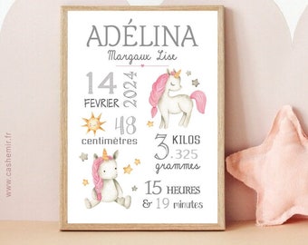Cadeau Bébé Personnalisé Fille Licorne rose | Décoration chambre bébé fille | Affiche de naissance personnalisable | Poster Prénom enfant