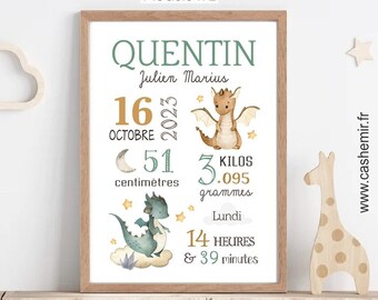 Cadeau de Naissance Personnalisé Garçon | Décoration chambre bébé | affiche de naissance personnalisable | affiche animal Dragon ou Cirque