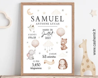 Cadeau de naissance personnalisé garçon fille | Décoration chambre bébé | Affiche de naissance personnalisable | Affiche Animaux Ours Girafe