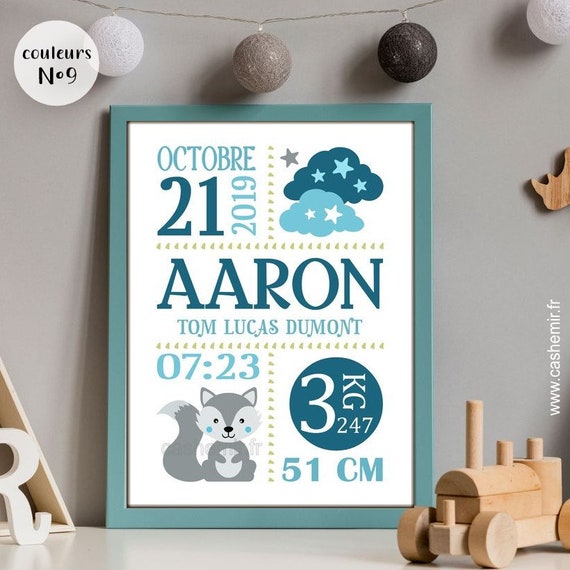 Cadeau de naissance personnalise garcon Decoration chambre bebe affiche de naissance personnalisable affiche renard ou loup Etsy France