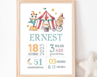 Affiche de Naissance Bébé | Cadeau de naissance personnalisé garçon fille | Décoration chambre bébé | Poster personnalisable Cirque enfant