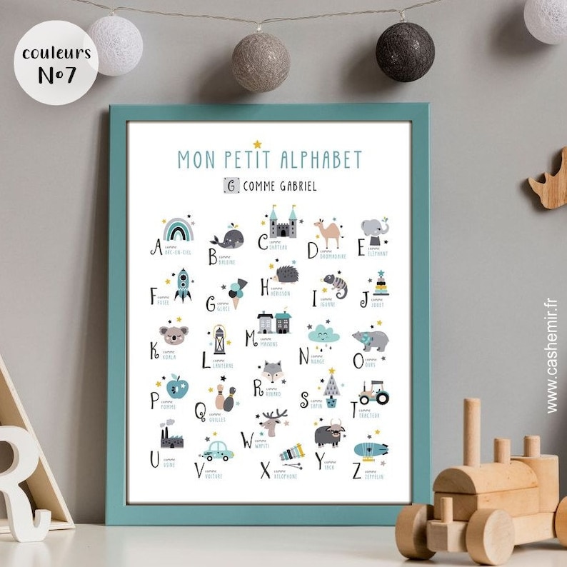 Affiche Alphabet Abécédaire personnalisable prénom Chambre fille garçon Illustration chambre enfant bébé Cadeau naissance personnalisé image 7