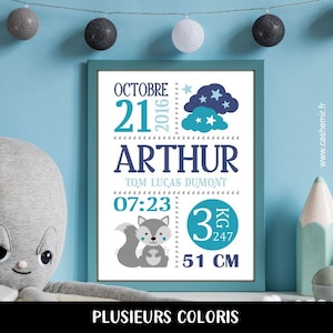 Cadeau de naissance personnalisé garçon | Décoration chambre bébé | affiche de naissance personnalisable | affiche renard ou loup
