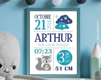 Cadeau de naissance personnalisé garçon | Décoration chambre bébé | affiche de naissance personnalisable | affiche renard ou loup