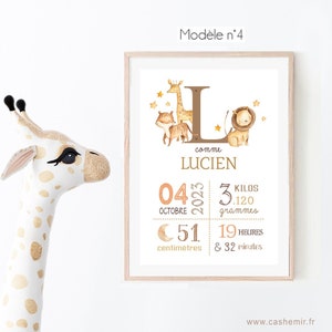 Chambre bébé garçon Illustration chambre enfant Cadeau naissance personnalisé Affiche de naissance personnalisable Animaux Lion Girafe Bild 4