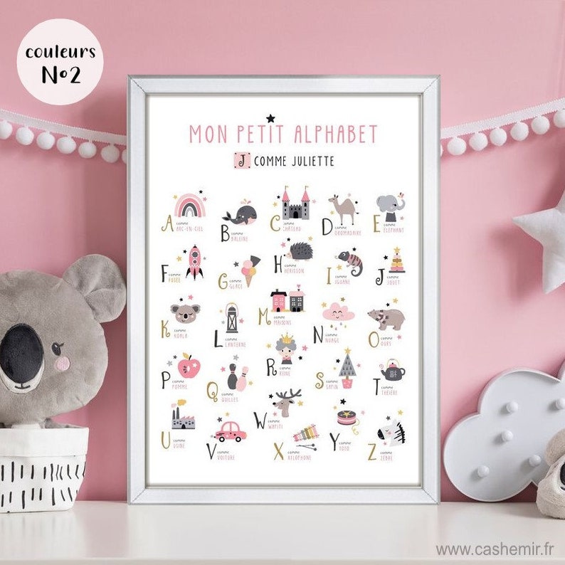 Affiche Alphabet Abécédaire personnalisable prénom Chambre fille garçon Illustration chambre enfant bébé Cadeau naissance personnalisé image 2