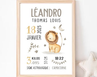 Cadeau de naissance personnalisé garçon | Décoration chambre bébé | Affiche de naissance personnalisable | Affiche Lion Girafe Ours Renard