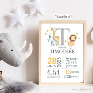 Chambre bébé garçon Illustration chambre enfant Cadeau naissance personnalisé Affiche de naissance personnalisable Animaux Lion Girafe image 3