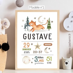 Cadeau de Naissance Personnalisé garçon fille animaux | Décoration chambre bébé | affiche de naissance personnalisable | Poster prénom bébé