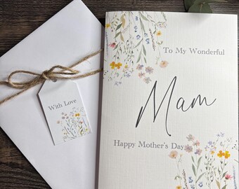Handmade Wildflower Mother's Day Card Mam: Personalised Linen Card & Envelope