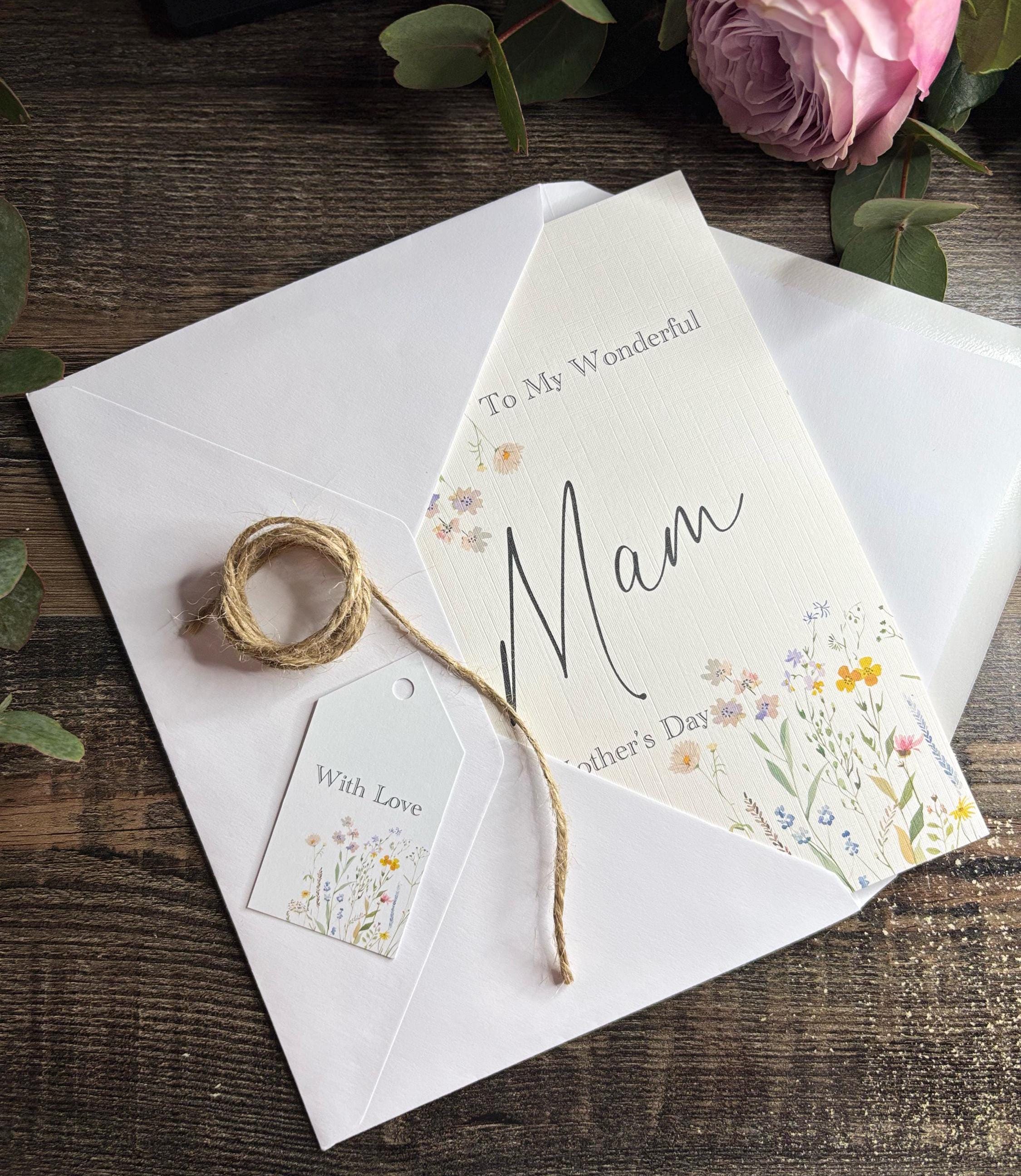 Mother&#39;s Day Card, Personalised Envelope / Happy Mother&#39;s Day Card & Envelope (WILDFLOWER) Mam/Mum/Mummy/Step Mum/Nana