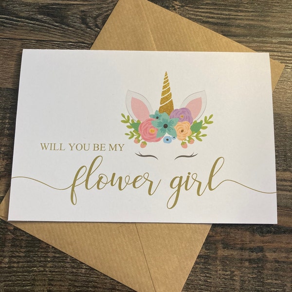 Will you be my flower girl Card & Envelope (Envelope can be Personalised) Unicorn Design