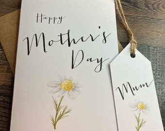 Handmade Daisy Mother's Day Card, Personalized Tag & Envelope