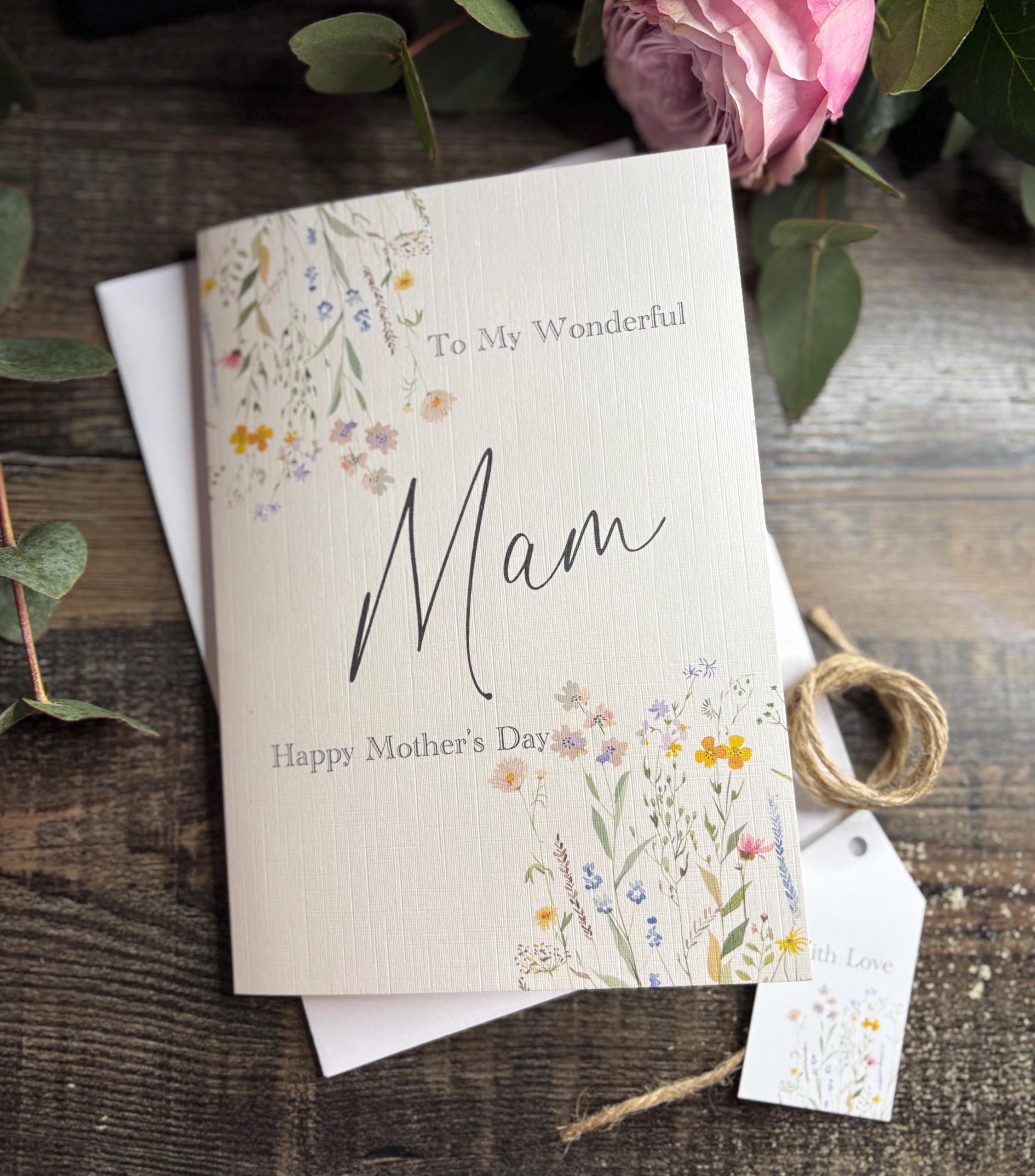 Mother&#39;s Day Card, Personalised Envelope / Happy Mother&#39;s Day Card & Envelope (WILDFLOWER) Mam/Mum/Mummy/Step Mum/Nana