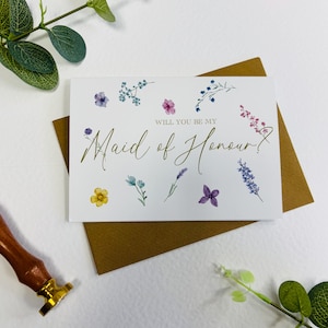 Serez-vous ma carte de demoiselle d'honneur et enveloppe/carte de proposition (style fleurs sauvages)