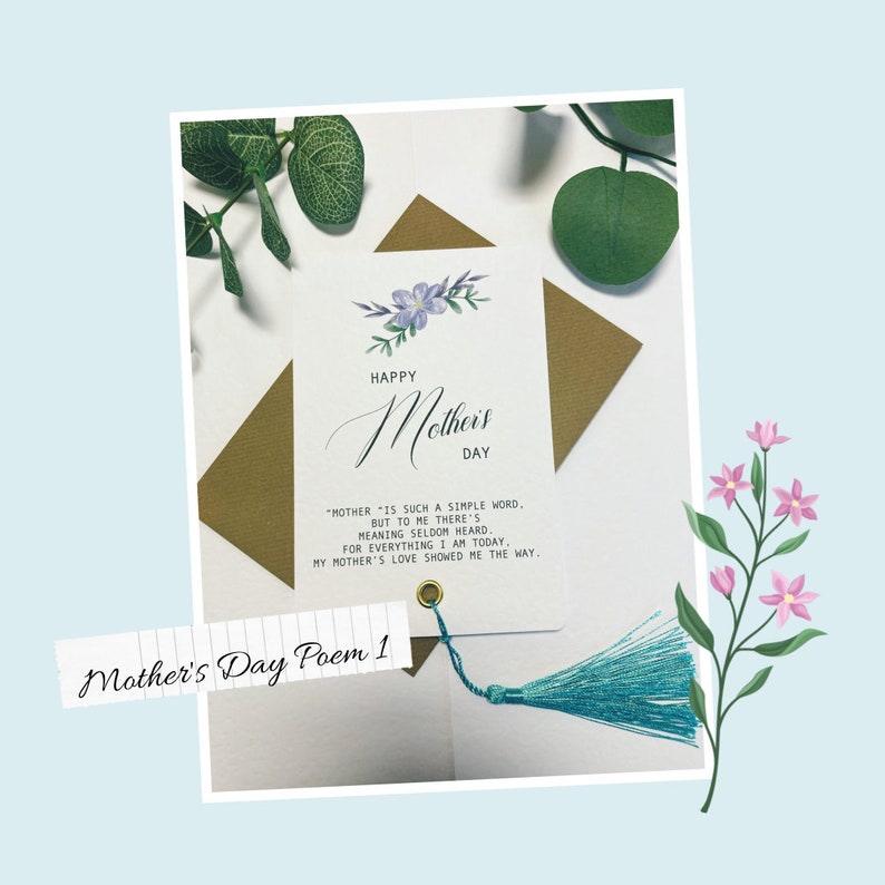May include: A white card with a gold tassel bookmark. The card has a floral design and the text "Happy Mother's Day" and a poem about a mother's love. The card is on a gold background with green leaves.