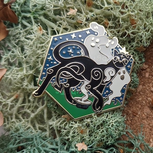 May include: A black cat with a white ghost behind it, both with intricate designs, on a green, blue, and white enamel pin. The pin is shaped like a hexagon with a star-filled night sky background.