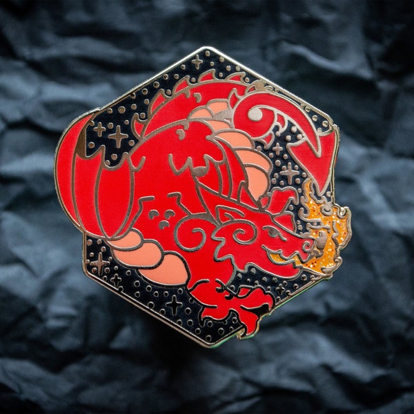 Welsh Dragon 1.5" Hard Enamel Glitter Pin | Celtic Cryptids | Y Ddraig Goch Wales Mythology Badge Fantasy Arthur UK British DnD Red TTRPG