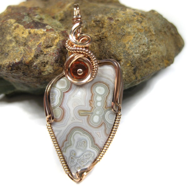 UNIQUE Mexican Crazy Lace Agate w/Faceted Citrine Pendant in 14k Rose Gold Filled Wire