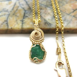 Raw Emerald Crystal Pendant in 14k Gold Filled Wire w/FREE 18" 14k Gold Filled Chain -- May Birthstone! (#B)