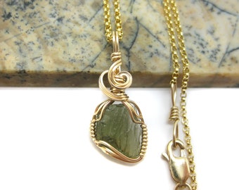 Moldavite Pendant Wire Wrapped in 14k Gold Filled Wire w/FREE 18" 14k Gold Filled Chain (#C)