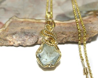 Raw Natural Aquamarine Crystal Pendant in 14k Gold Filled Wire w/FREE 18" 14k Gold Filled Chain--March Birthstone! Awesome formation! (#7)