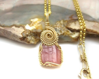 RARE Pink Imperial Topaz Partial Crystal Pendant in 14k Gold Filled Wire w/FREE 18" GF Chain (#C) -- The Original November Birthstone!