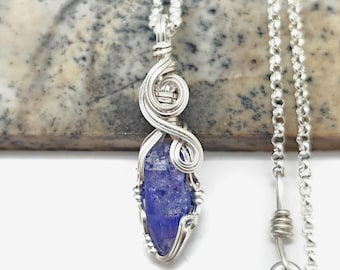 Raw Tanzanite Crystal Pendant in Sterling Silver Wire w/FREE 18" Sterling Silver Chain (#1) - Awesome color! December birthstone! minimalist