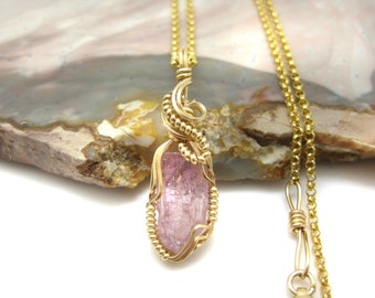 RARE Pink Imperial Topaz Partial Crystal Pendant in 14k Gold Filled Wire w/FREE 18" GF Chain (#B) -- The Original November Birthstone!