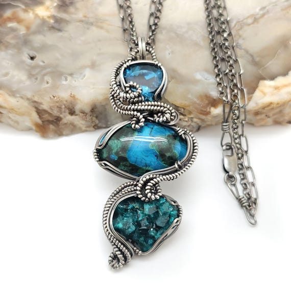 VIBRANT Andean Chrysocolla w/London Blue Topaz & Dioptase "Shadow Wrap™" Pendant in Oxidized Sterling Silver Wire - Free 18" Double Chain!