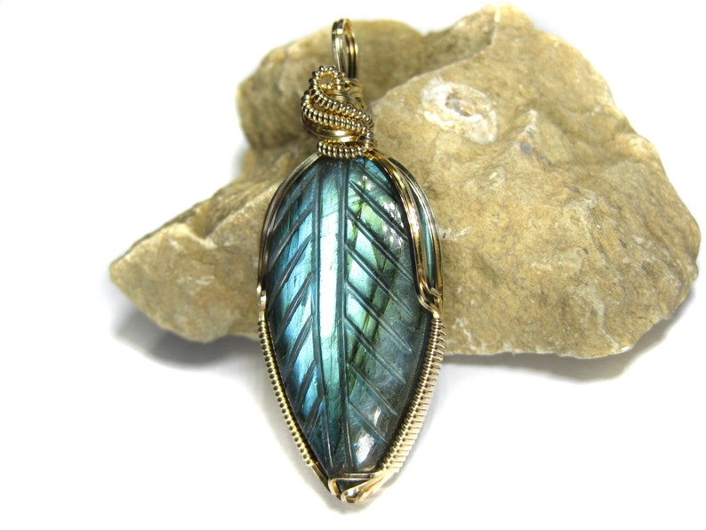 Gorgeous Hand-Carved Labradorite Pendant in 14k Gold Filled Wire--Amazing flash and carved pattern!