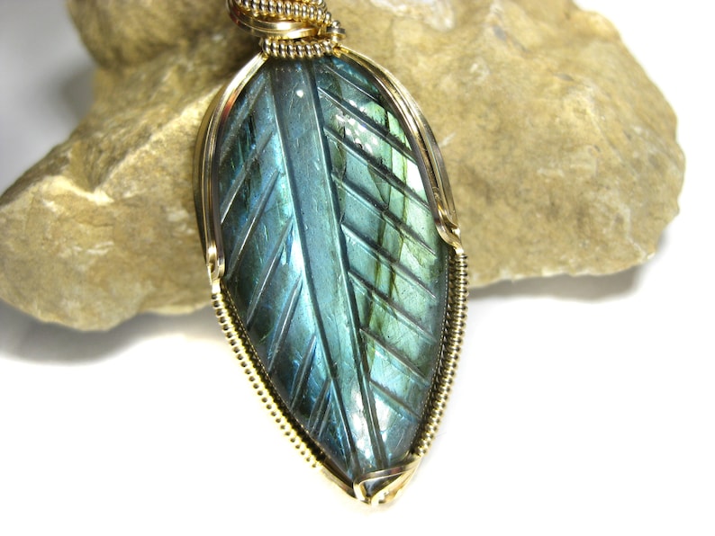 Gorgeous Hand-Carved Labradorite Pendant in 14k Gold Filled Wire--Amazing flash and carved pattern!