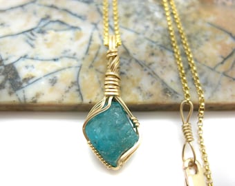 Vibrant & Natural Raw Neon Apatite Crystal Pendant in 14k Gold Filled Wire w/FREE 18" 14k Gold Filled Chain (#2)