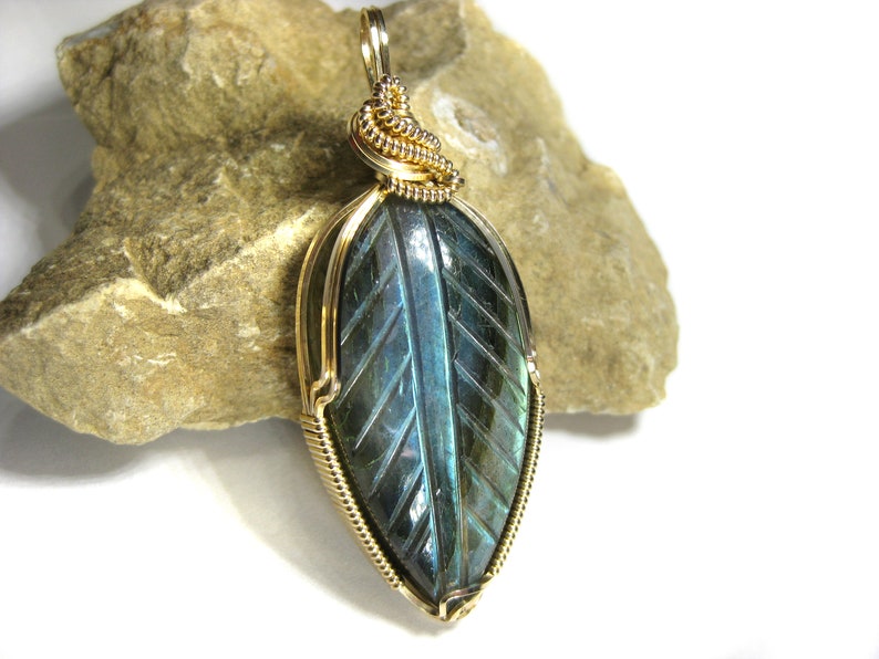 Gorgeous Hand-Carved Labradorite Pendant in 14k Gold Filled Wire--Amazing flash and carved pattern!