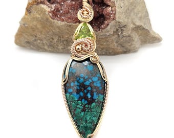 Stunning Andean Chrysocolla w/Faceted Peridot Pendant in 14k Yellow Gold Filled Wire -- Old stock material, beautiful color & contrast!