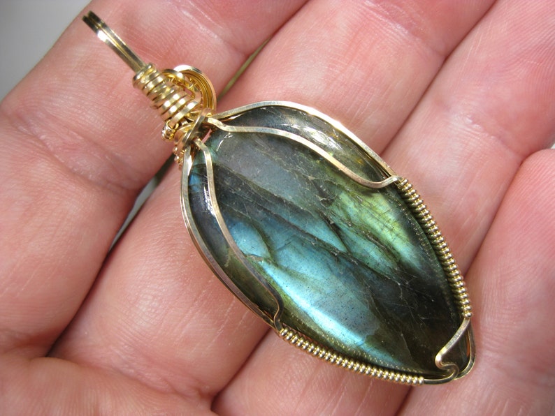 Gorgeous Hand-Carved Labradorite Pendant in 14k Gold Filled Wire--Amazing flash and carved pattern!