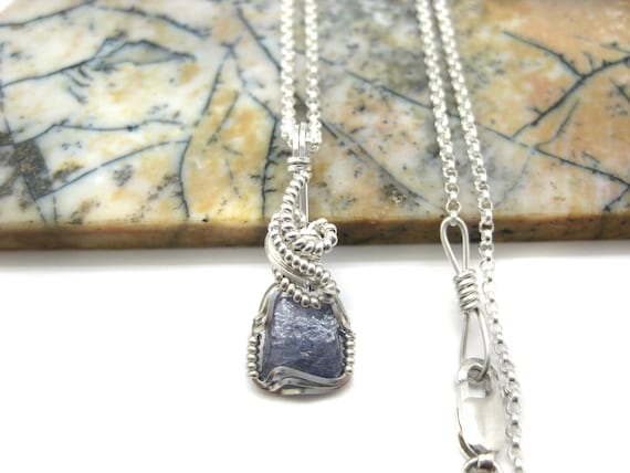 Raw Tanzanite Crystal Chunk Pendant in Sterling Silver Wire w/FREE 18" Sterling Silver Chain (#2)--Awesome color! December birthstone!