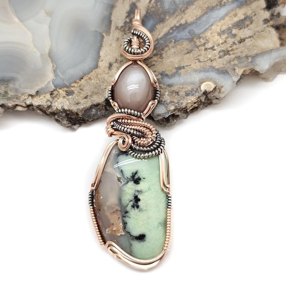 GORGEOUS Australian Dendritic Chrysoprase & Indian Moonstone Pendant in 14k Rose Gold Filled and Oxidized Silver Wire (#1)