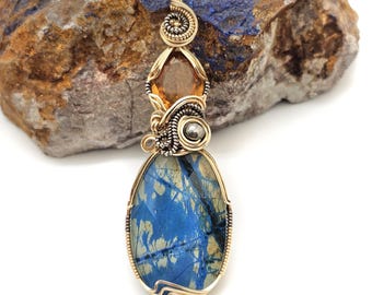 VIBRANT Faceted Quartz-Capped Arizona Azurite Doublet w/Brazilian Citrine Pendant in 14k Gold Filled & Oxidized Sterling Silver Accents