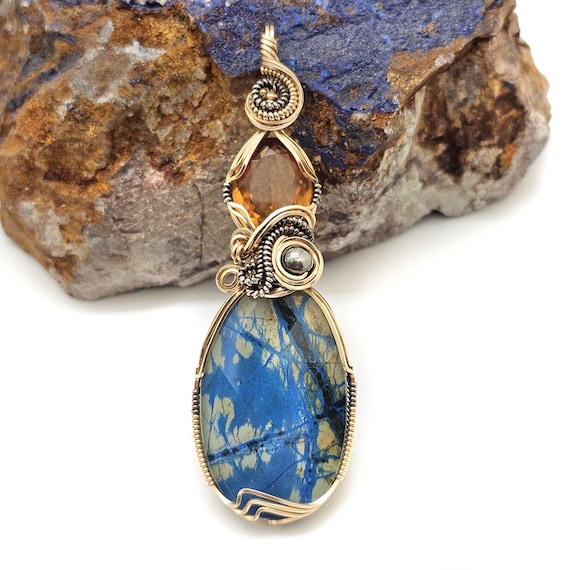 VIBRANT Faceted Quartz-Capped Arizona Azurite Doublet w/Brazilian Citrine Pendant in 14k Gold Filled & Oxidized Sterling Silver Accents