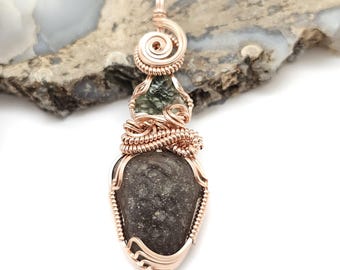 Colombianite w/Moldavite Tektite Pendant in 14k Rose Gold Filled Wire -- Amazing natural formations! 2 tektites in one piece! See video!