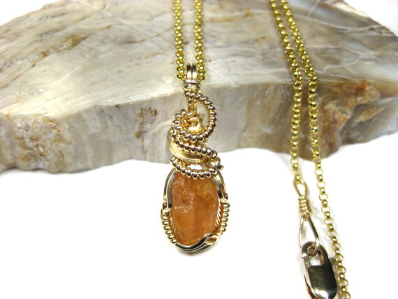 Natural Spessartine Mandarin Garnet Crystal Pendant in 14K Gold Filled Wire w/Free 18\