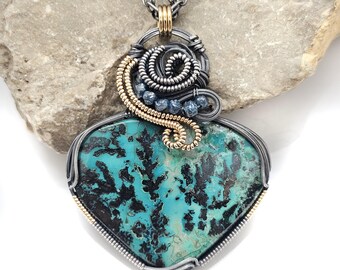TOP Quality Shattuckite "Shadow Wrap™" Pendant w/Natural Blue Diamonds in Oxidized Sterling Silver Wire -- FREE 18" Double Chain Included!